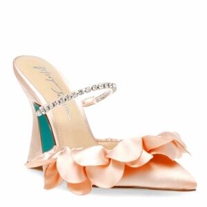 Betsey Johnson Blush Satin Heels with Rhinestone Strap